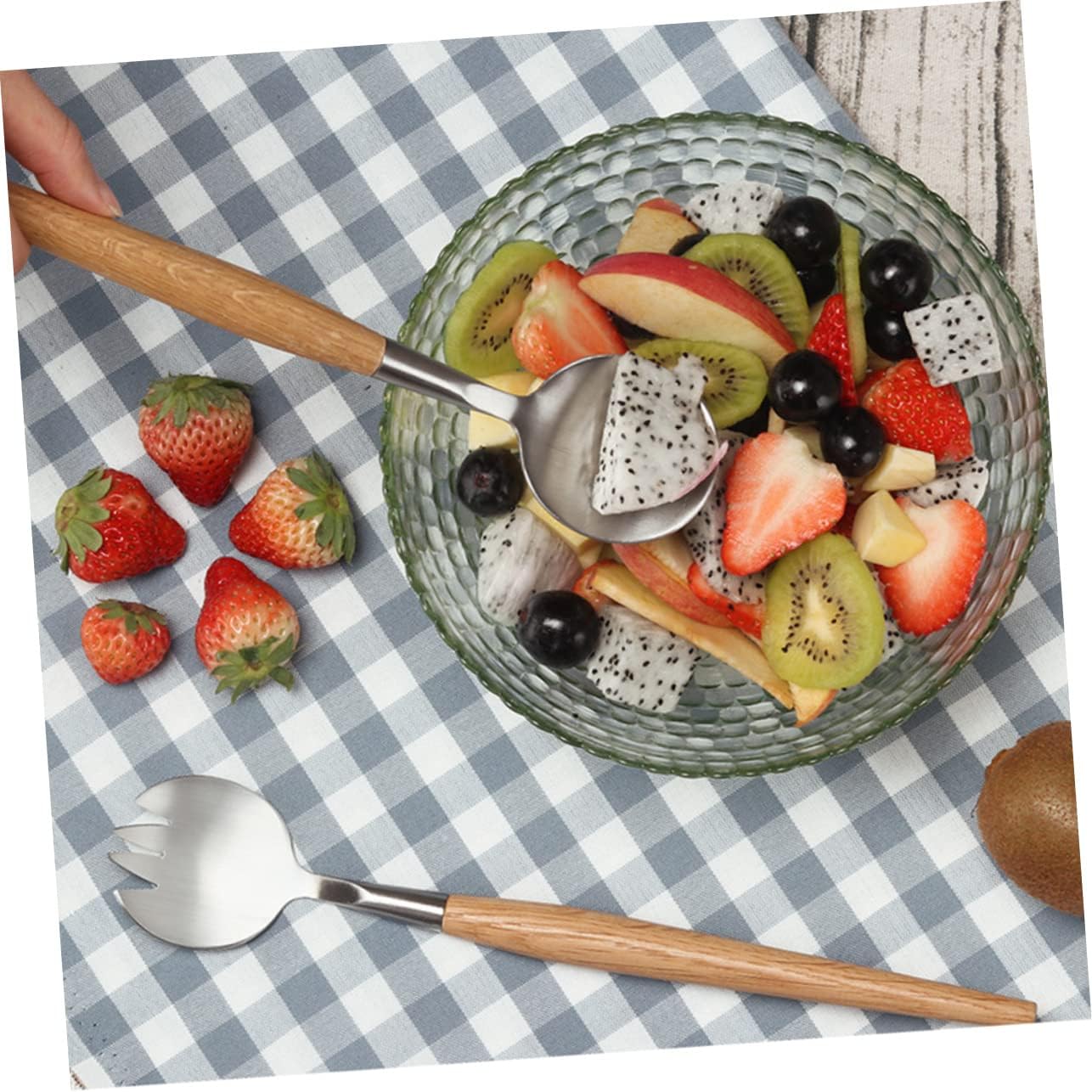 Dinner Forks, 2pcs Set Dinner Forks Wood Handle Salad Servers Salad Serving Utensils Spoon Cooking Utensils for Kitchen Tableware Bamboo Stainless Steel