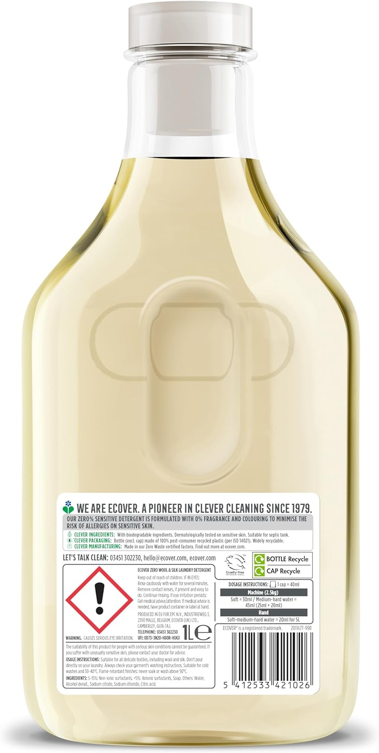 Ecover Non-Bio Zero Wool and Mild Detergent, Liquid for Allergy Sufferers and Sensitive Baby Skin, 22 Loads, 1 Litre