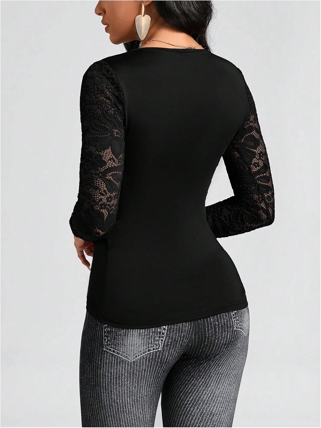 SweatyRocks Women's V Neck Cross Wrap Tops Lace Long Sleeve Ruched Slim Fit Tee Shirts - Image 2