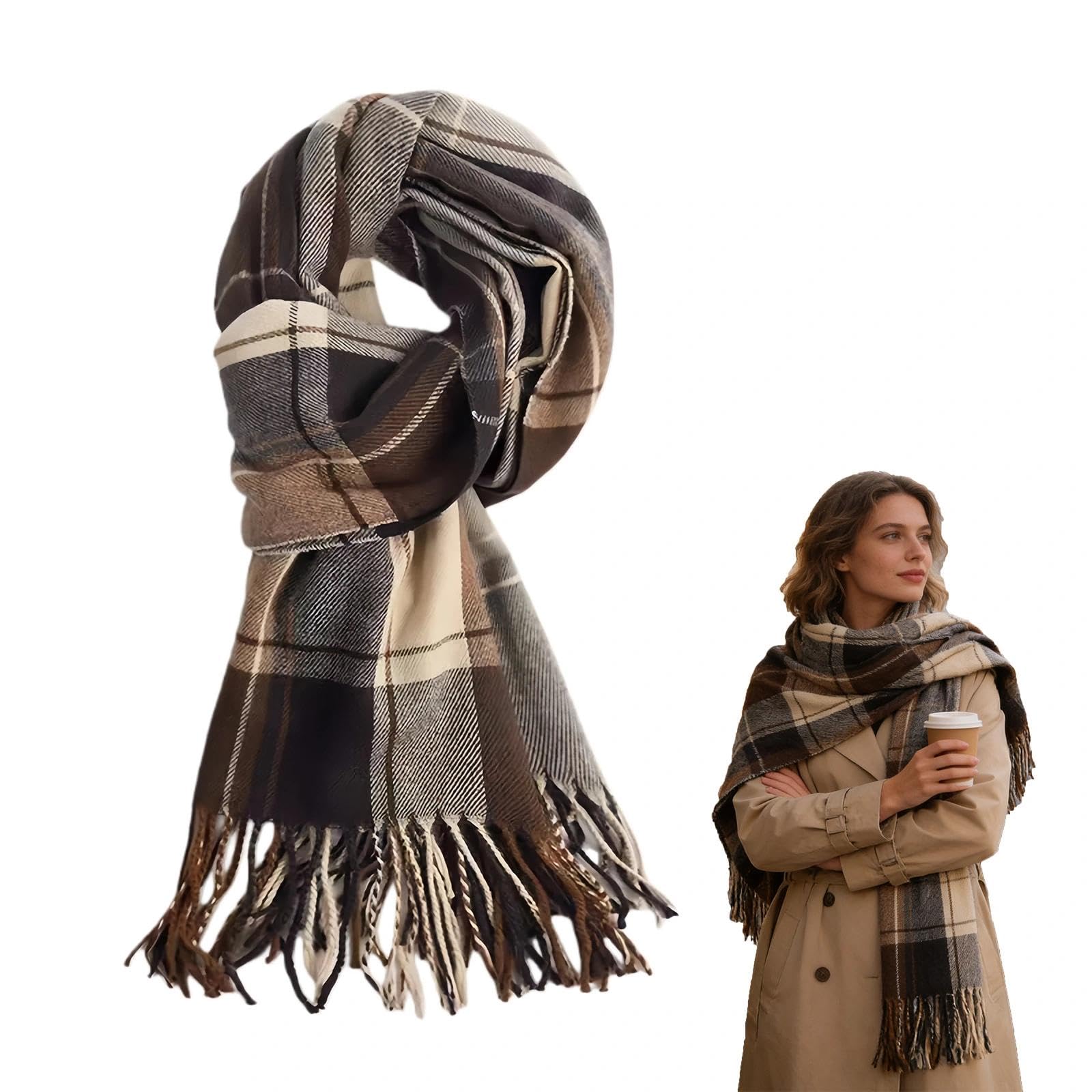 Huanyo Women's Coffee Color Plaid Scarf For - Extra Warm Winter Tartan Shawl, Long Checked Wrap & Fashion Blanket Scarf(Coffee Color)