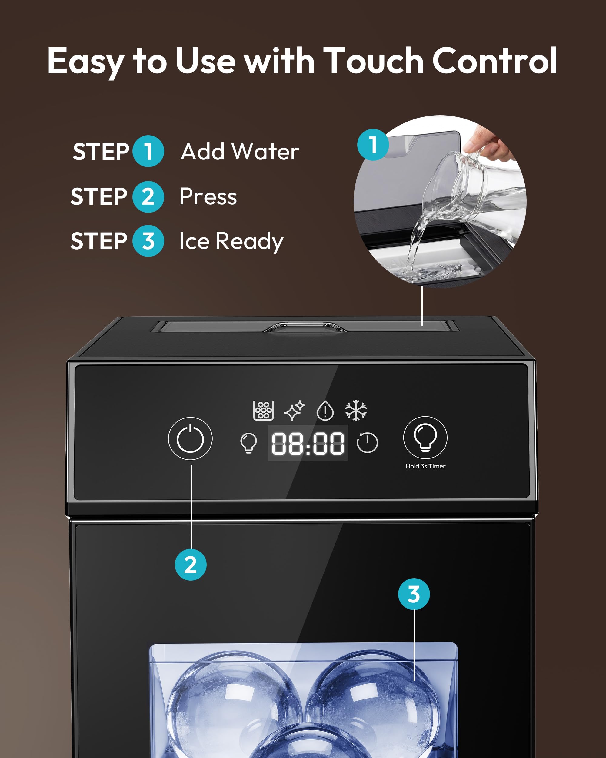 Euhomy 2.4" Ice Ball Maker Countertop, 2pcs Ready In 60mins, 48pcs/Day, 8h Timer, Self-Cleaning Sphere Ice Maker Machine With Crystal Clear Ice, Round Ice Cube Maker For Whiskey & Bourbon on Fridge.com - View 5