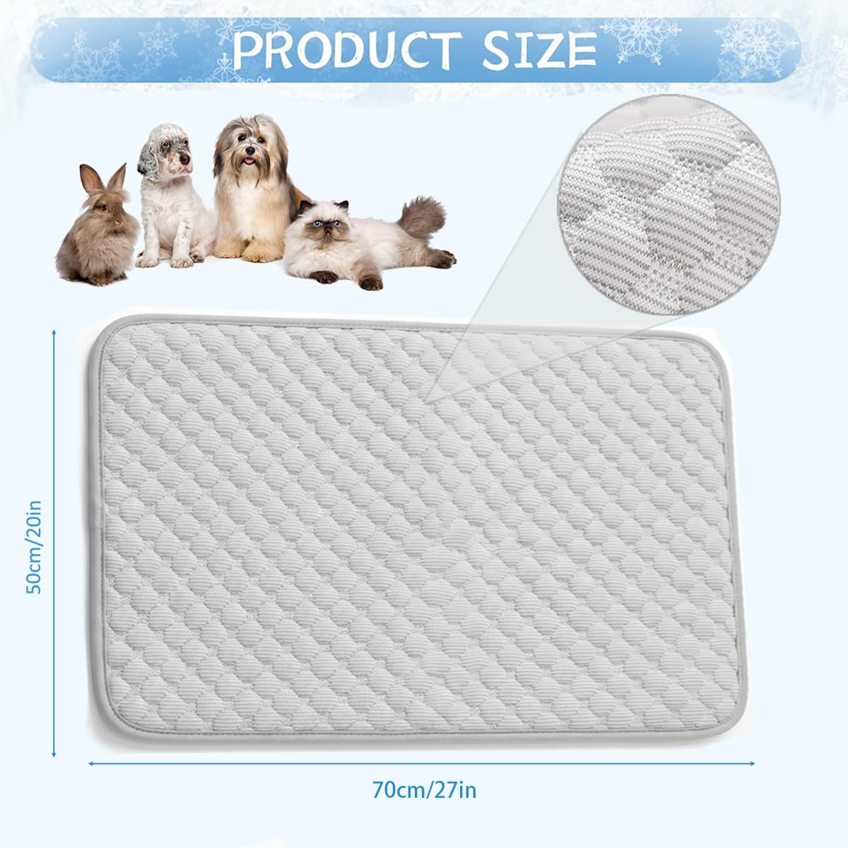 Kühlmatte Hund Selbstkühlend 70x50 cm – Kühlmatte Katze ohne Gel mit Q-Max >0,5, Extra Kühlende Kühledecke Hund Atmungsaktiv & Waschbar, Katzen Kühlmatte für Auto, Käfig & Sofa, Grau, Größe L