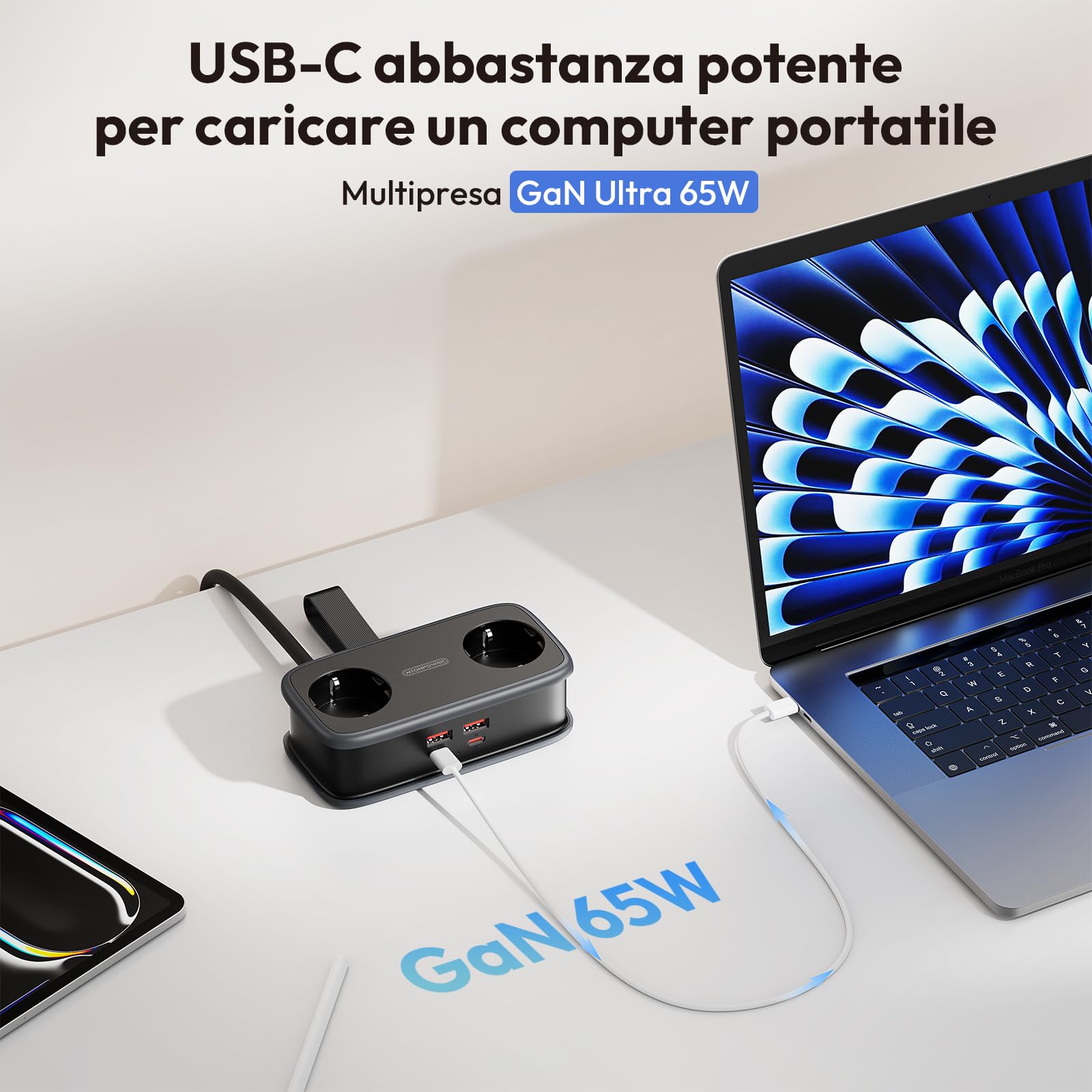 NTONPOWER Ciabatta Elettrica con USB-C 65 W PD, Ciabatta Multipresa con 2 Schuko, Spina Piatta, Presa Multipla USB, Ricarica Rapida, 2500 Watt, 1,5 m, Nero