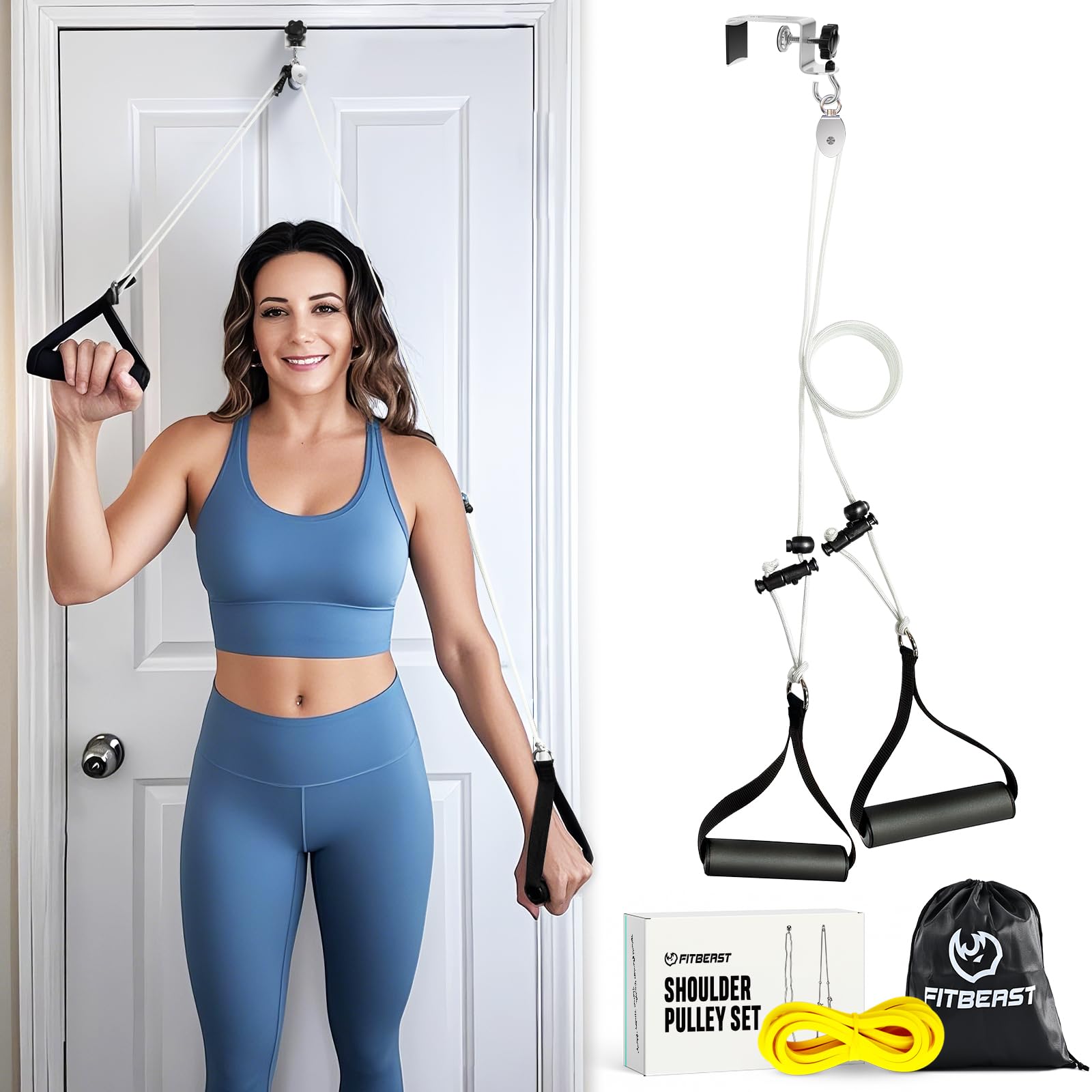 FitBeast Shoulder Pulley for Physical Therapy - Over the Door Pulley for Shoulder Rehab, Shoulder Pulley for Rotator Cuff Recovery and Frozen Shoulder - Durable Nylon Rope and Foam Handles (White)