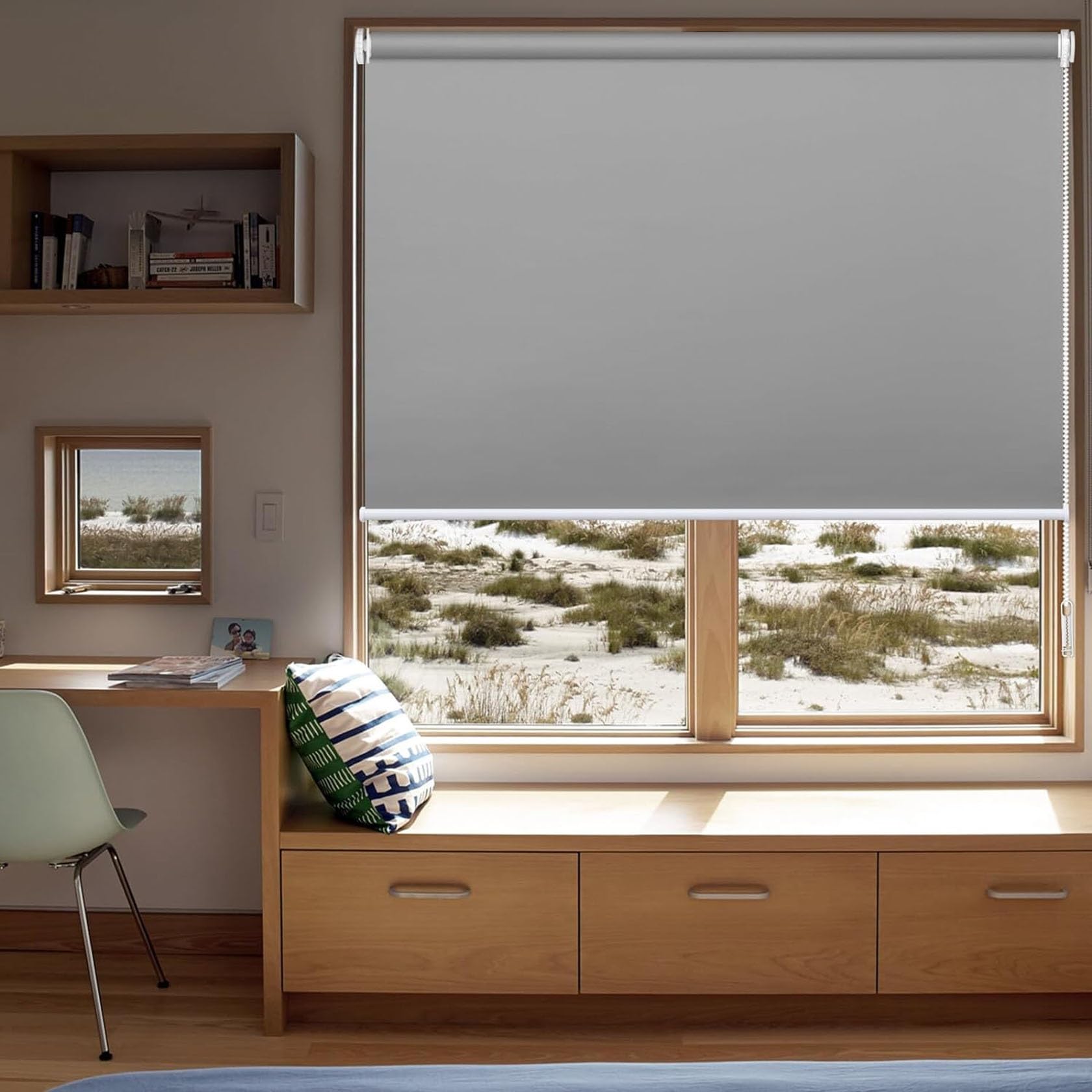 Rollo für Fenster Ohne Bohren 100 x 90 cm Sichtschutz und Sonnenschutz, Verdunklungsrollo Fensterrollo inkl. Zubehör für Türen und Fenster, Hellgrau