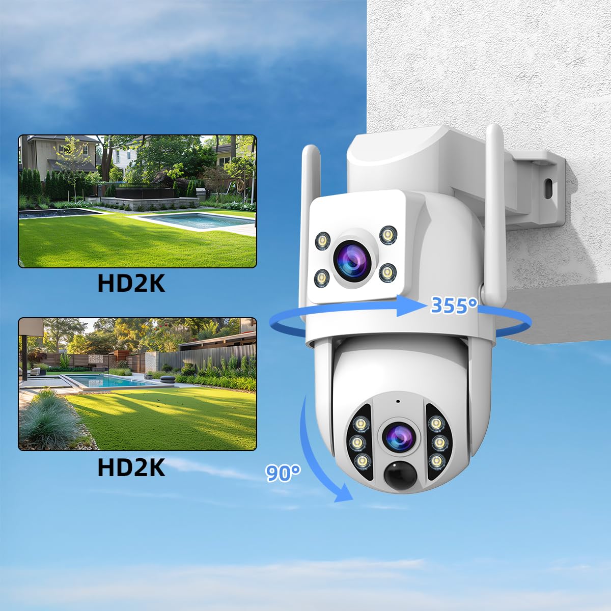 JOOAN 2Kx2 HD Überwachungskamera Aussen Solar, Doppelkamera 360° PTZ Überwachungskamera Aussen Akku, 2.4GHz WLAN Kamera mit PIR Bewegungsmelder,Farb-Nachtsicht, 2-Wege-Audio, Notrufe notiert,IP66