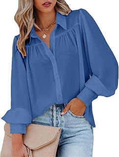 Silunma2021 Women's V-Neck Solid Color Casual Shirts Loose Lapel Button Down Shirts Elegant Pleated Breathable Blouse Top