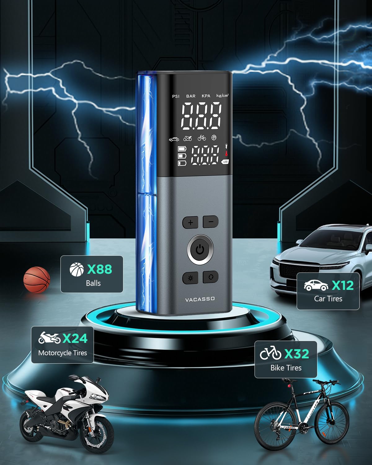 Reifenfüller Tragbarer Luftkompressor, 5X Schnelleres Aufpumpen Taschenluftpumpe für Autoreifen, Kabellose Reifenpumpe für Auto, SUV, Motorrad, Fahrrad, Bälle mit LED-Manometer, Grau