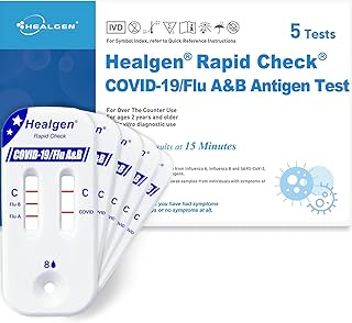 Healgen Rapid Check COVID-19, Flu A&B Antigen Test Kit, The First FDA Authorized OTC 3-in-1 Flu & COVID Home Test, Easy to Read Dual Windows, Results in 15 Mins, 5 Test