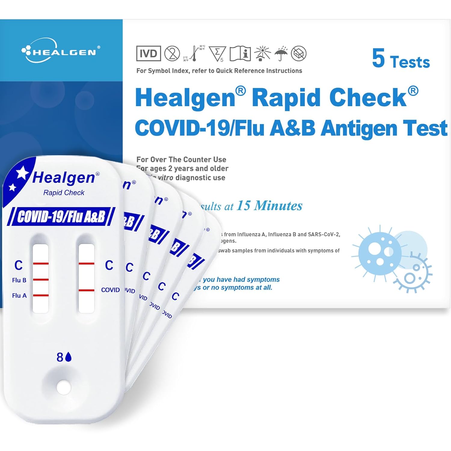 Healgen Rapid Check COVID-19, Flu A&B Antigen Test Kit,24 Months Shelf Life, 3-in-1 Flu & COVID Home Testing Solution, Easy to Read Dual Windows, Results in 15 Mins, 5 Test