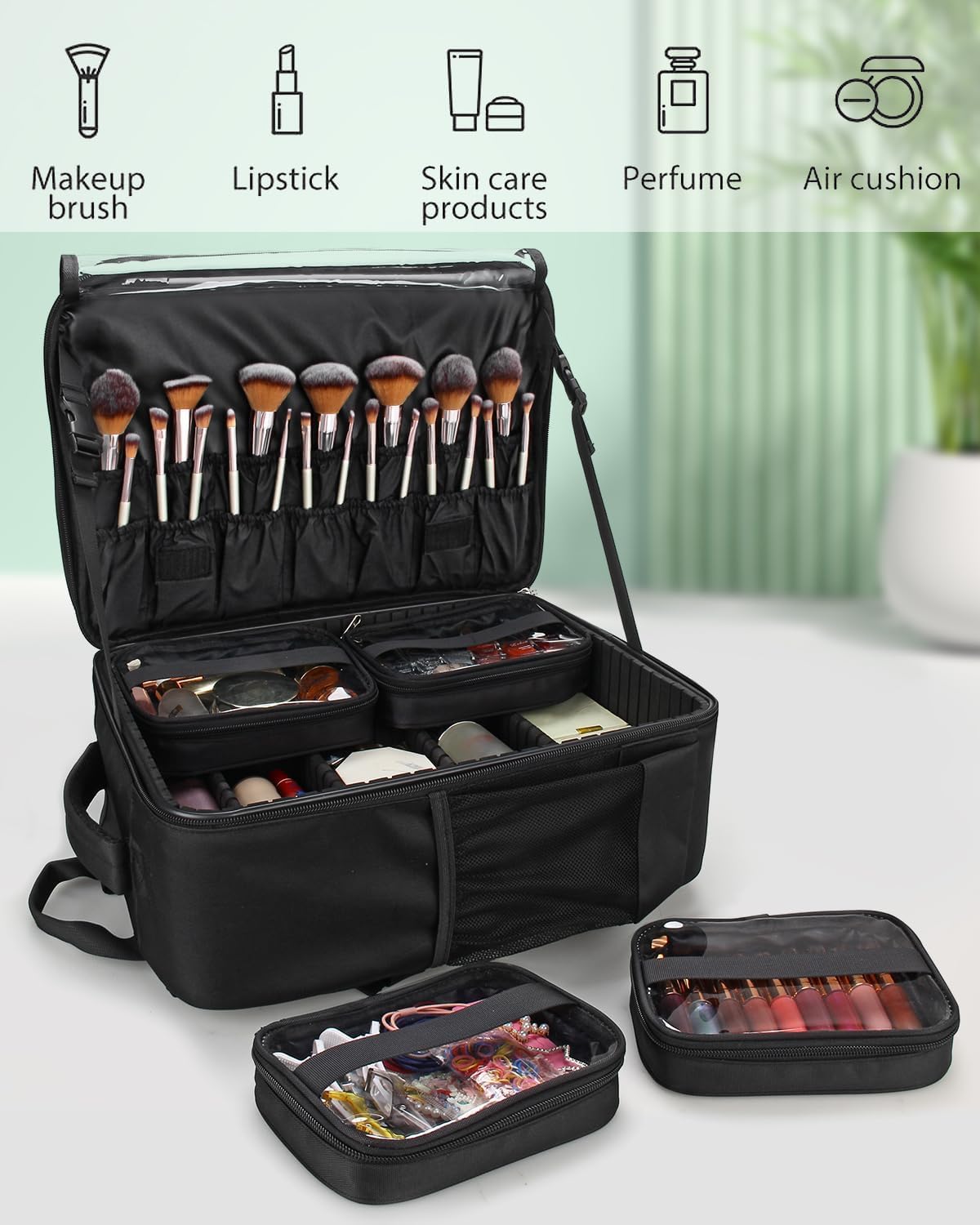 Relavel Sac à dos cosmétique professionnel extra large voyage cosmétique organisateur de rangement double couche grande capacité avec 4 compartiments intérieurs noir