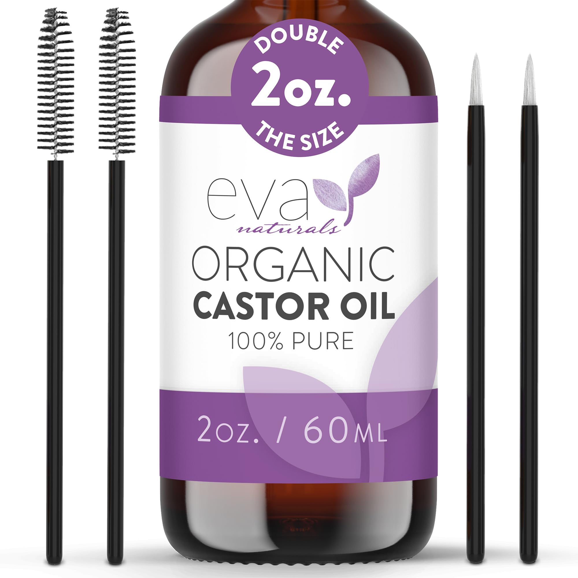 Organic Castor Oil for Eyelashes, Eyebrows & Hair Growth - Cold Pressed Hexane Free - 100% Pure Oil for Skin Nails Lashes - Nourishes & Strengthens - Includes Mascara Kit & Brushes, 60ml