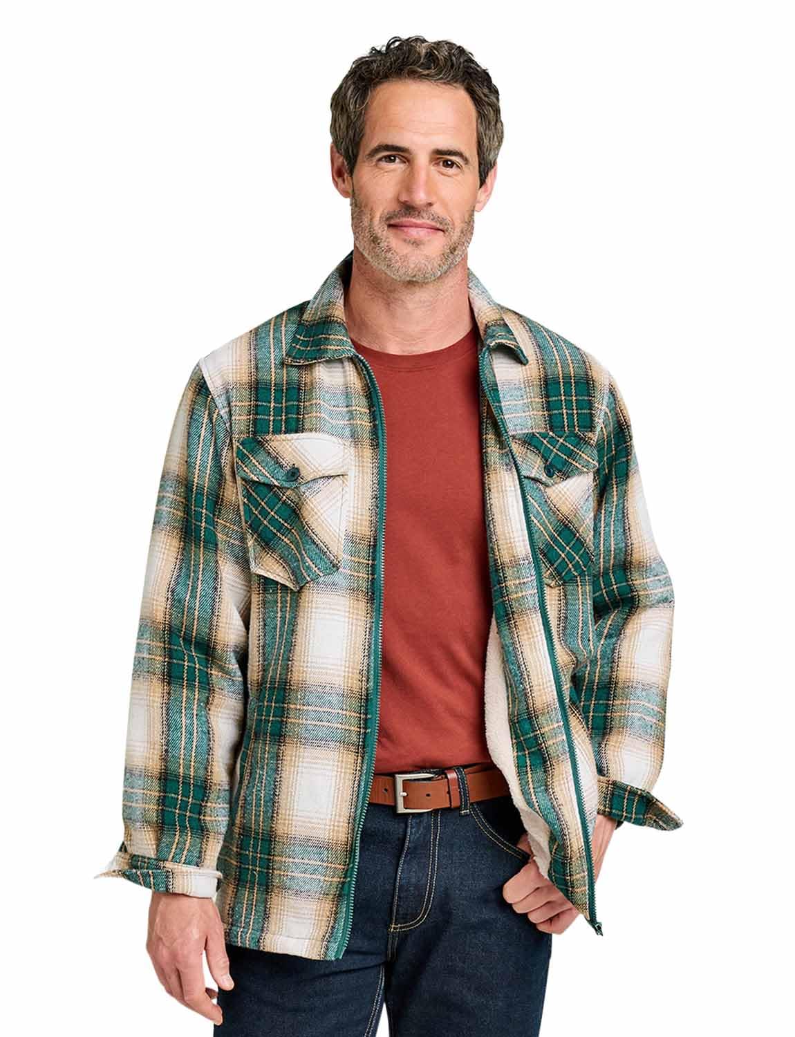 Pegasus Men's Green Sherpa Lined Zip Overshirt Check Fleece With Padded Sleeves Xl