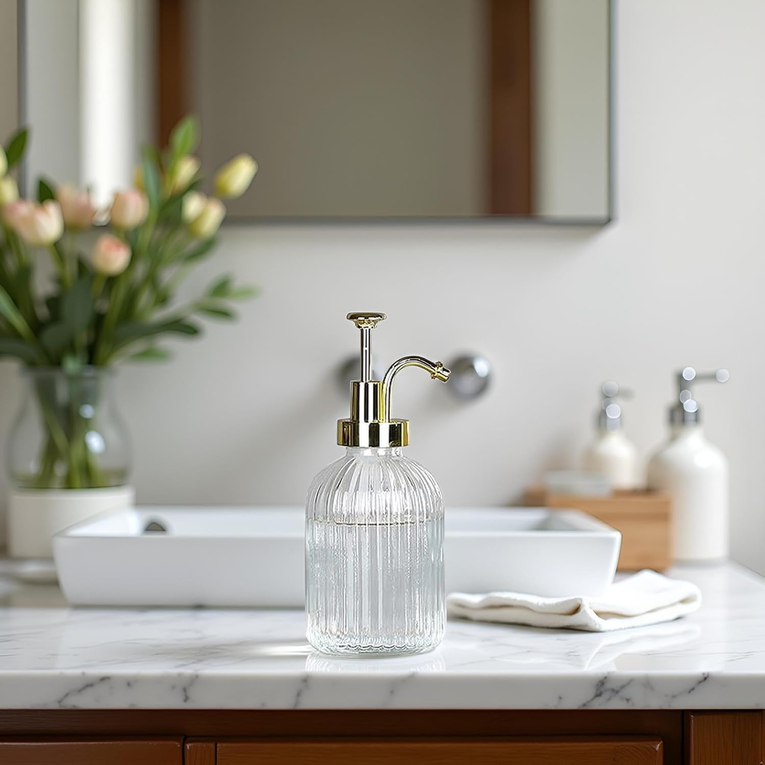 Glass Pump Soap Dispenser, 350ML Kitchen Hand Soap Dispenser Sour Cream Dispenser Rustproof Pump Dispenser for Kitchen Bathroom (Translucen Gold Bar) - Image 6