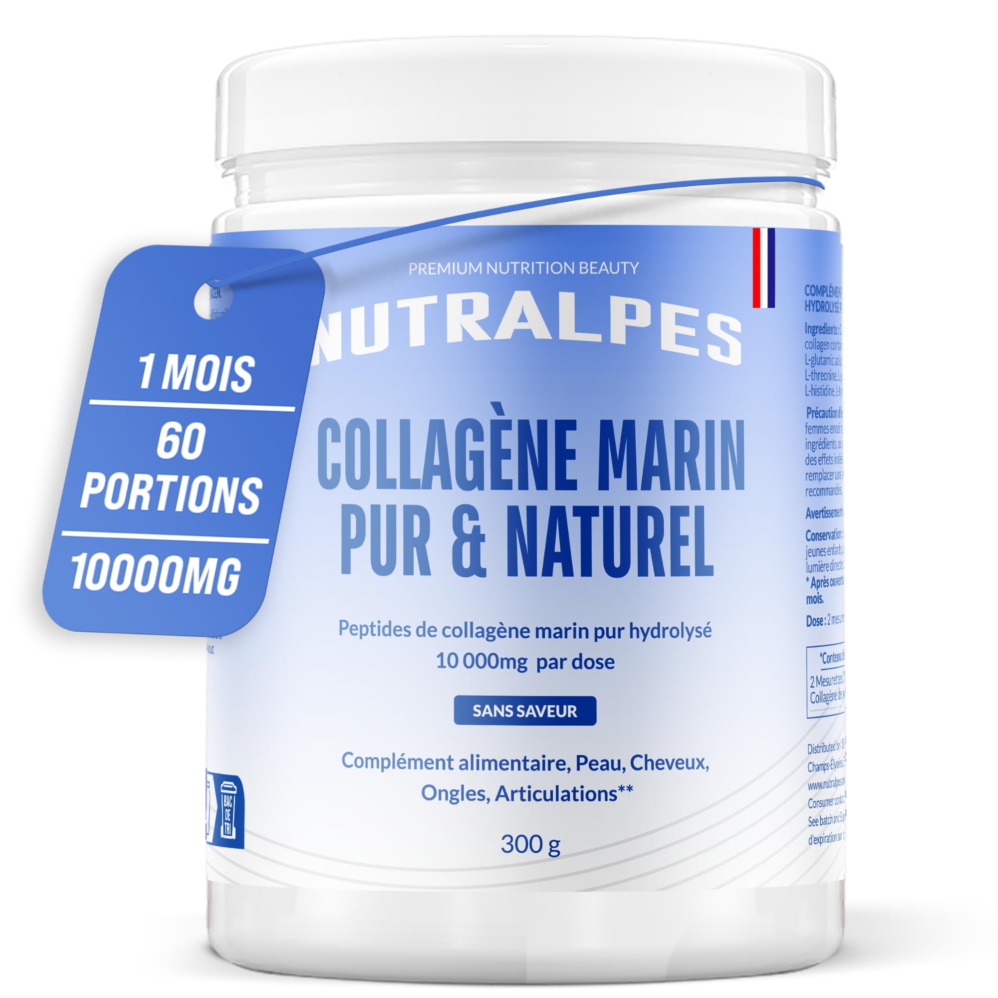 Collagène Marin Poudre 10 000 mg | Beauté & Récupération | Peptides Hydrolysés Type I & III | Sans Saveur Sans Sucre | 300 g Cure 30 Jours | Fabriqué en France