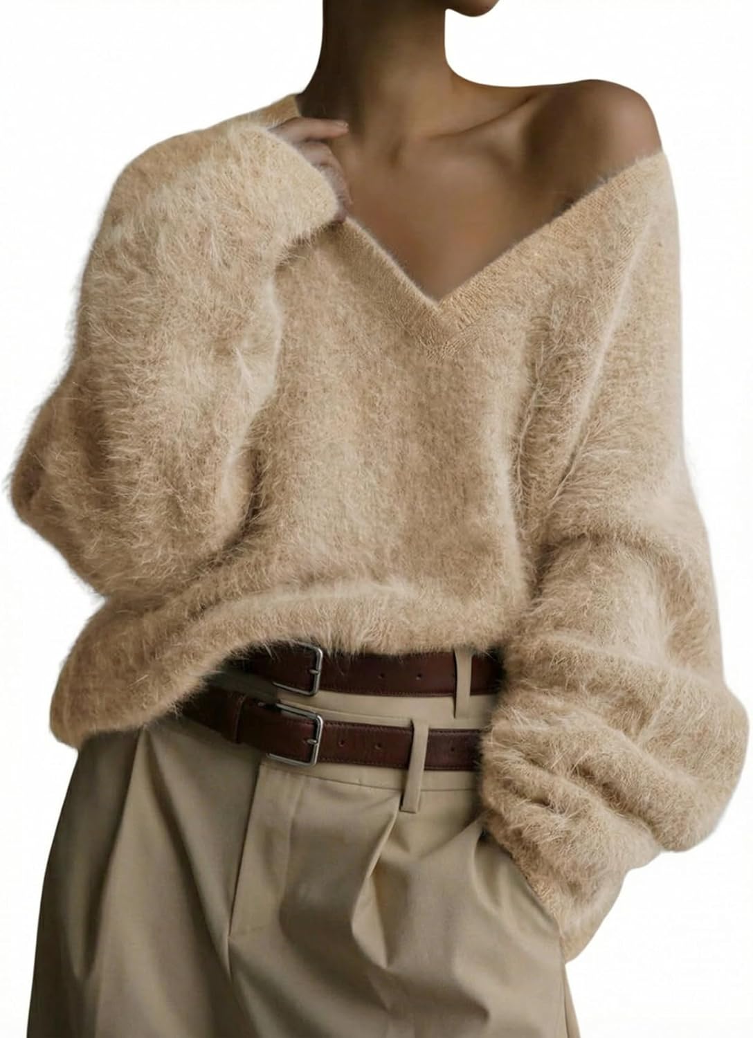 Women's Fuzzy Sweater Oversized V Neck Sweaters Cozy Soft Knit Fluffy Pullover Loose Jumper Top