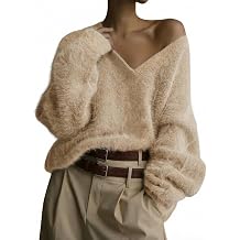 Womens Fuzzy Sweater Oversized V Neck Sweaters Cozy Soft Knit Fluffy Pullover Loose Jumper Top
