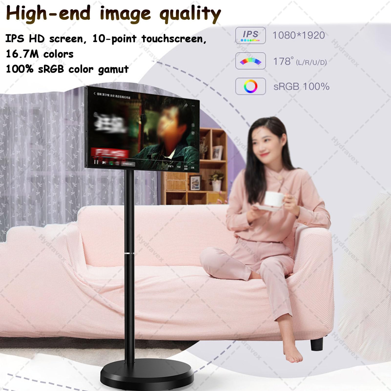 Smart TV Portatile FHD da 21,5 Pollici, operativo Android 14, TV Mobile su Ruote con Touch Screen Girevole, Batteria Integrata da 6000 mAh, Rotazione Completa Black-4+64G