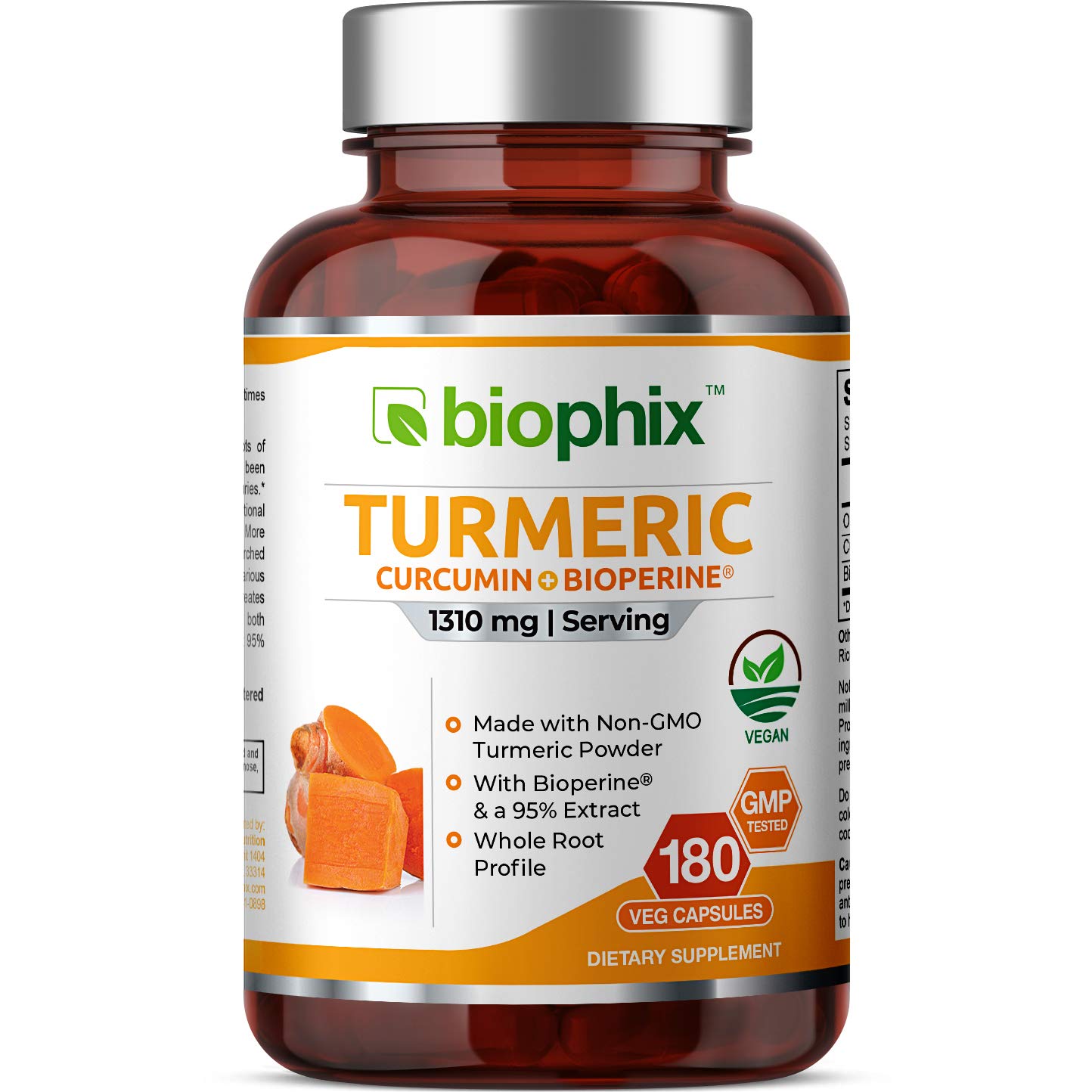 Organic Turmeric Curcumin 1310 mg 180 Vcaps with BioPerine - Powerful Anti-Inflammatory Joint Health Antioxidant Support Immune Boost