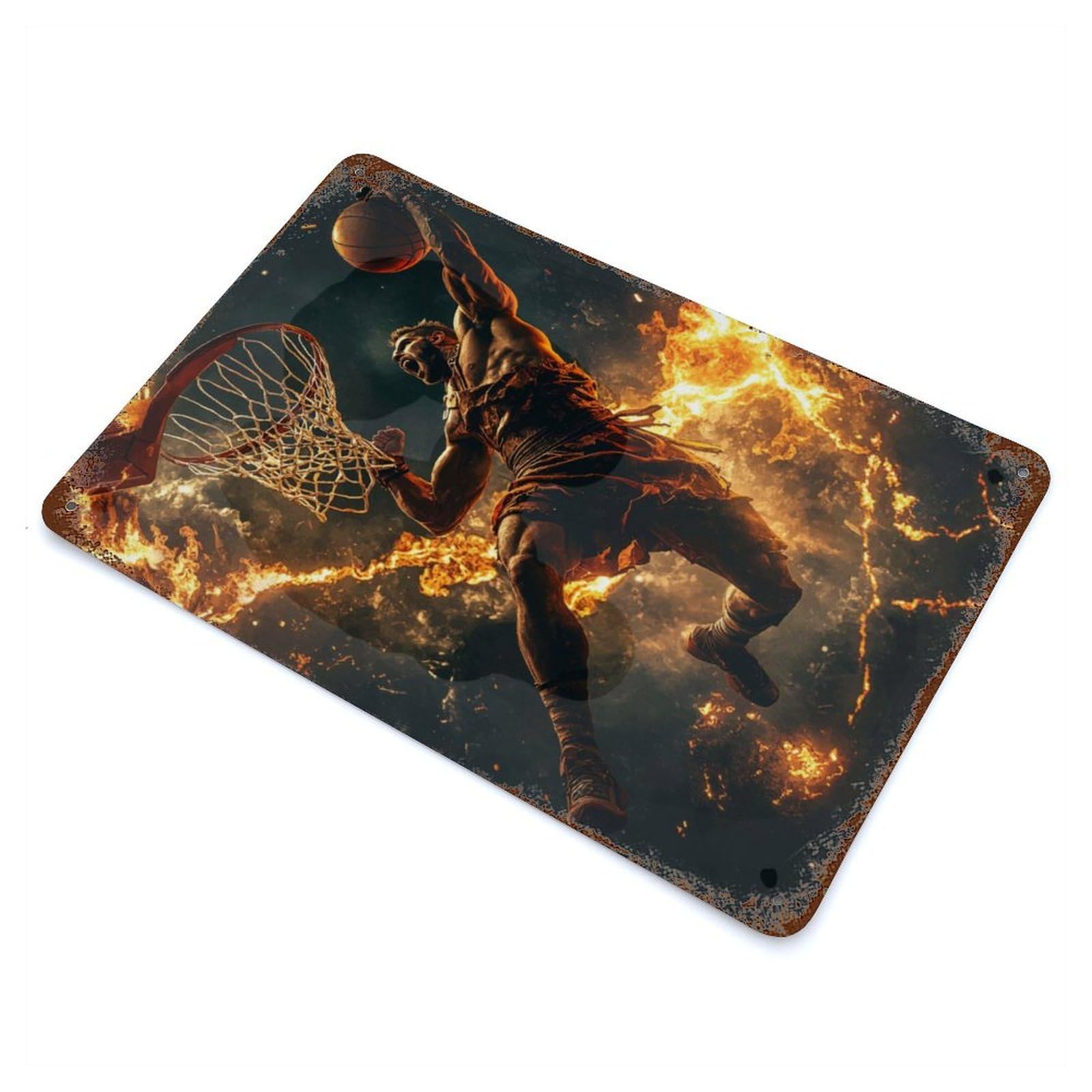 Fiery Basketball Dunk Rustic Tin Plaque 11.8"x7.9", Ideal for Cafe, Home Bar And Lounge Decor