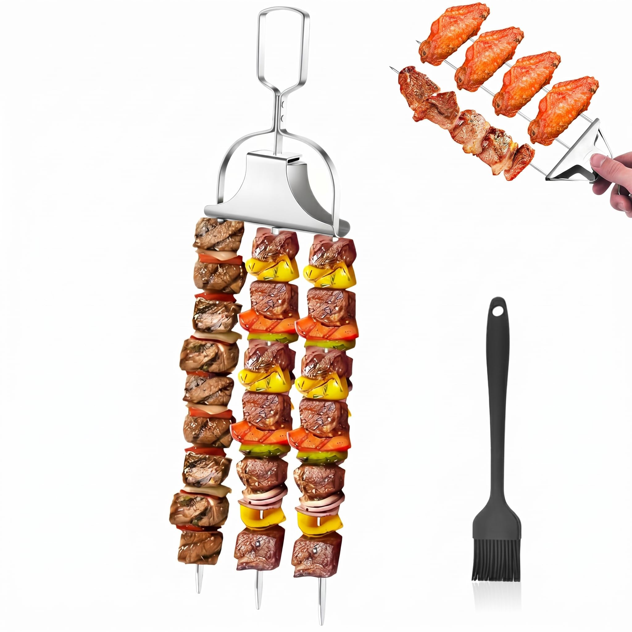 3 Way BBQ Grill Skewers, Stainless Steel BBQ Skewers with Push Bar Slider, Reusable Kebab Skewers Set for Meat, Chicken, Sausages and Vegetables, Barbecue Accessories, 1PCS