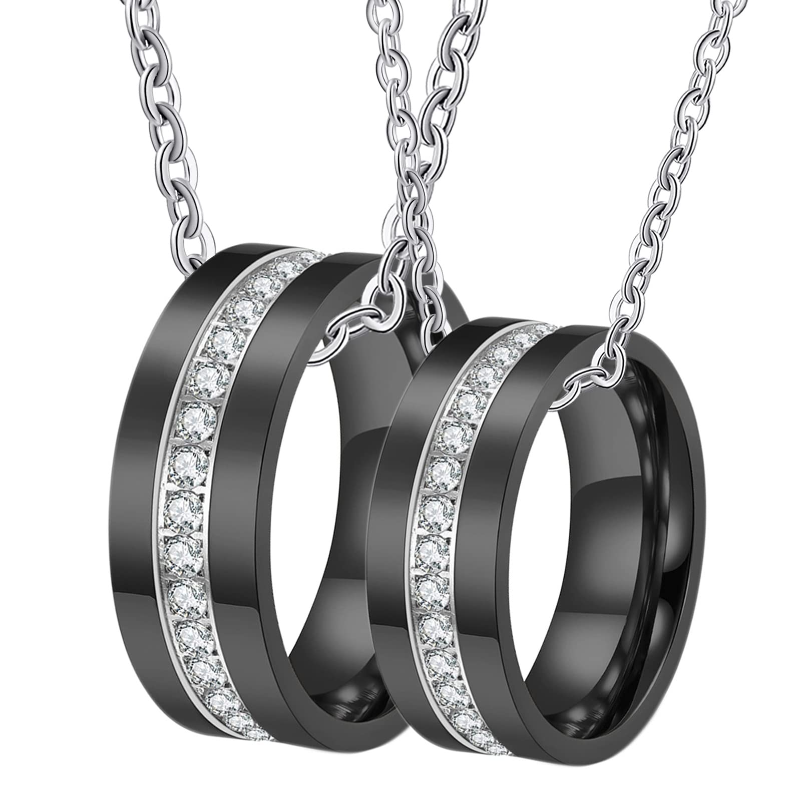 Epinki 2pcs Partner Kette Anhänger Edelstahl, I Love You Herz Paar Halsketten für Sie und Ihn mit Ring Anhänger für Frauen & Männer - Herrenkette 60cm, Damenkette 50cm
