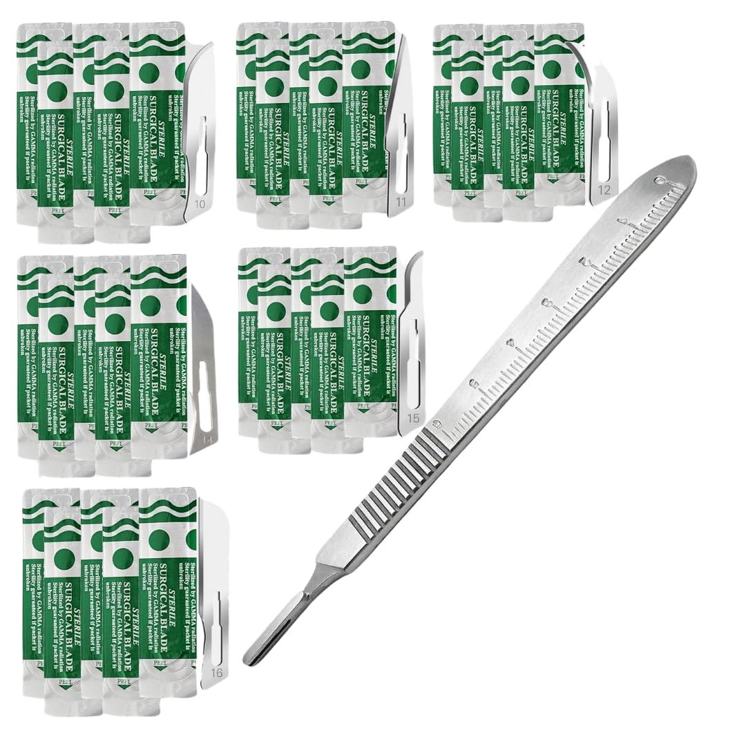 IMEDS Carbon Steel Sharp Blades Sterile Assorted Pack of 60 Pcs with Stainless Steel Scalpel Handle Graduated #3 All-in-One Kit to Make Finest Precision Cuts Multi-Function Scientific Lab Supplies