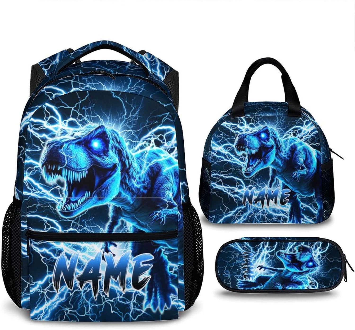 Dinosaur Backpack for Boys, Set of 3 Kids Custom Lightning Bookbag Gift with Name for Kindergarten Primary Middle Elementary, 17 Inch Lightweight Cool Personalized Backpacks for School