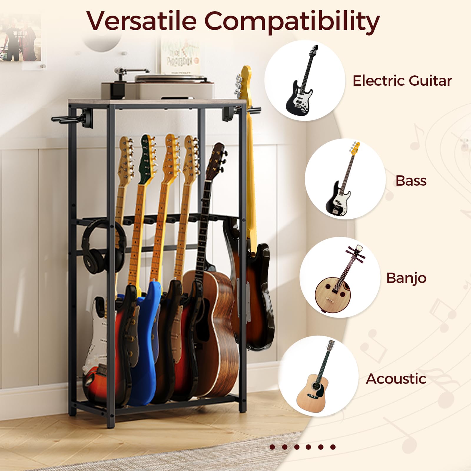 MAHANCRIS Support de Guitare, Stand Guitare à 2 Niveaux pour 5 Guitares, Idéal pour Entreposer Guitare Acoustique, Basse, Ukulélé, Tourne-Disque, Enveloppé de Mousse EVA, Gris AGSHG6501