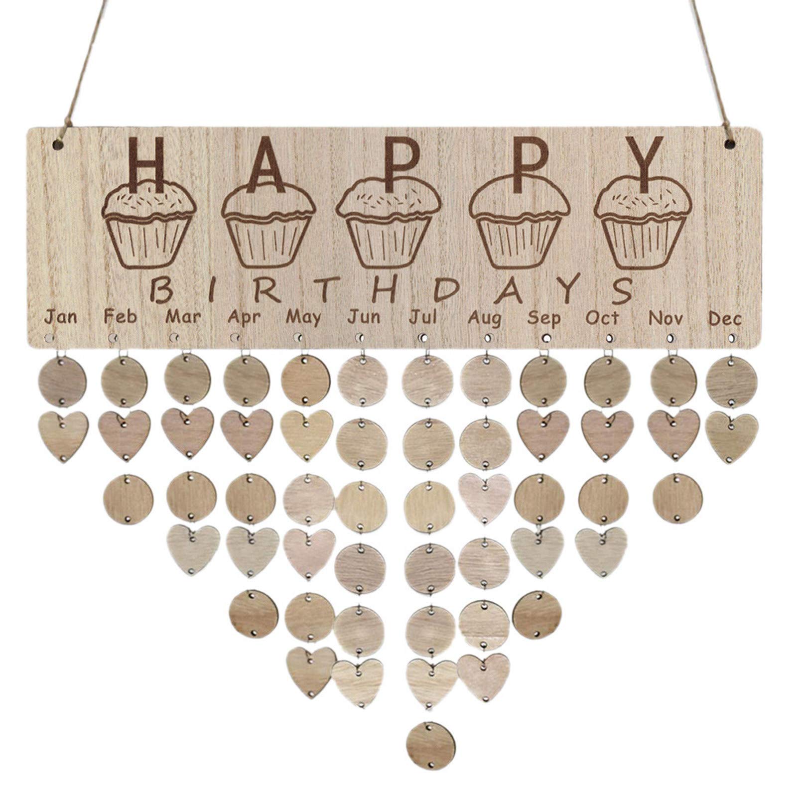 Calendario De Cumpleaños De Madera Para Personalizar - DIY Con 50 Fichas Redondas, 42x12 Cm