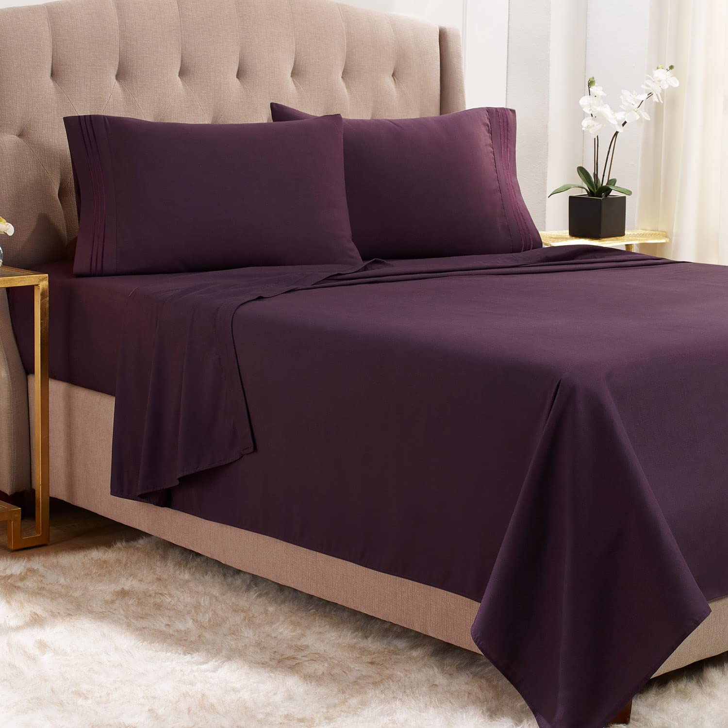 Empyrean BeddingSheets for California King Size Bed - 4 Piece Deep Pocket Bed Sheets Set - Hotel Luxury, Soft Breathable Bedding - Deep Pocket Purple Eggplant Sheets with Straps That Will Stay On