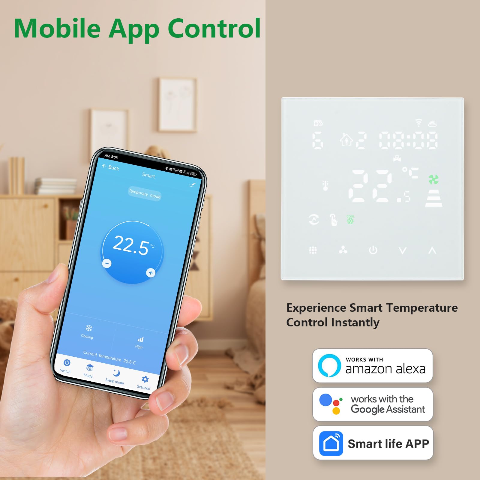 Wengart WG607AC Thermostat de bobine de ventilateur WiFi AC 230 V max 3 A 2,4 GHz Wi-Fi Application Tuya Quatre tubes pour climatisation Compatible avec Alexa Echo / Google Home Blanc