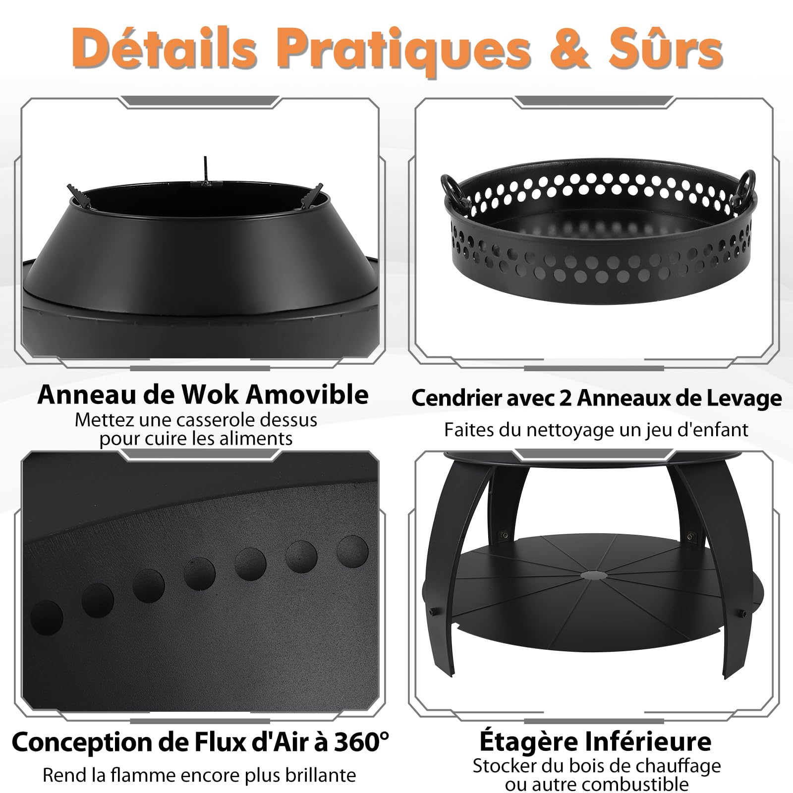 GYMAX Foyer Extérieur en Métal, Brasero Compact 3 en 1 avec Cendrier, Étagère Inférieure pour Rangement de Bûches, Trous pour Entrée d'air, pour Barbecue, Camping