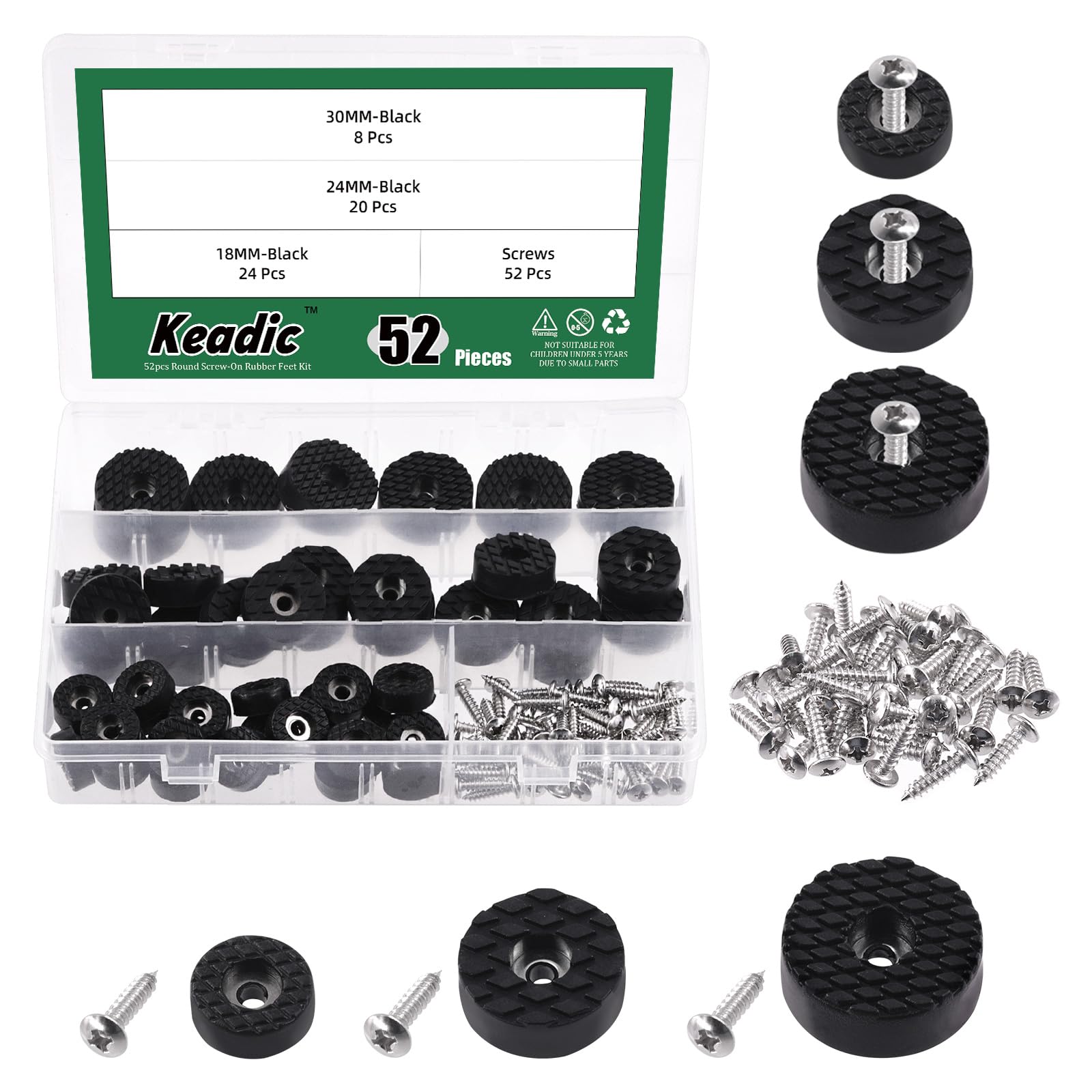 Keadic 52Pcs Screw-On Round Rubber Feet Furniture Pads Assortment Set