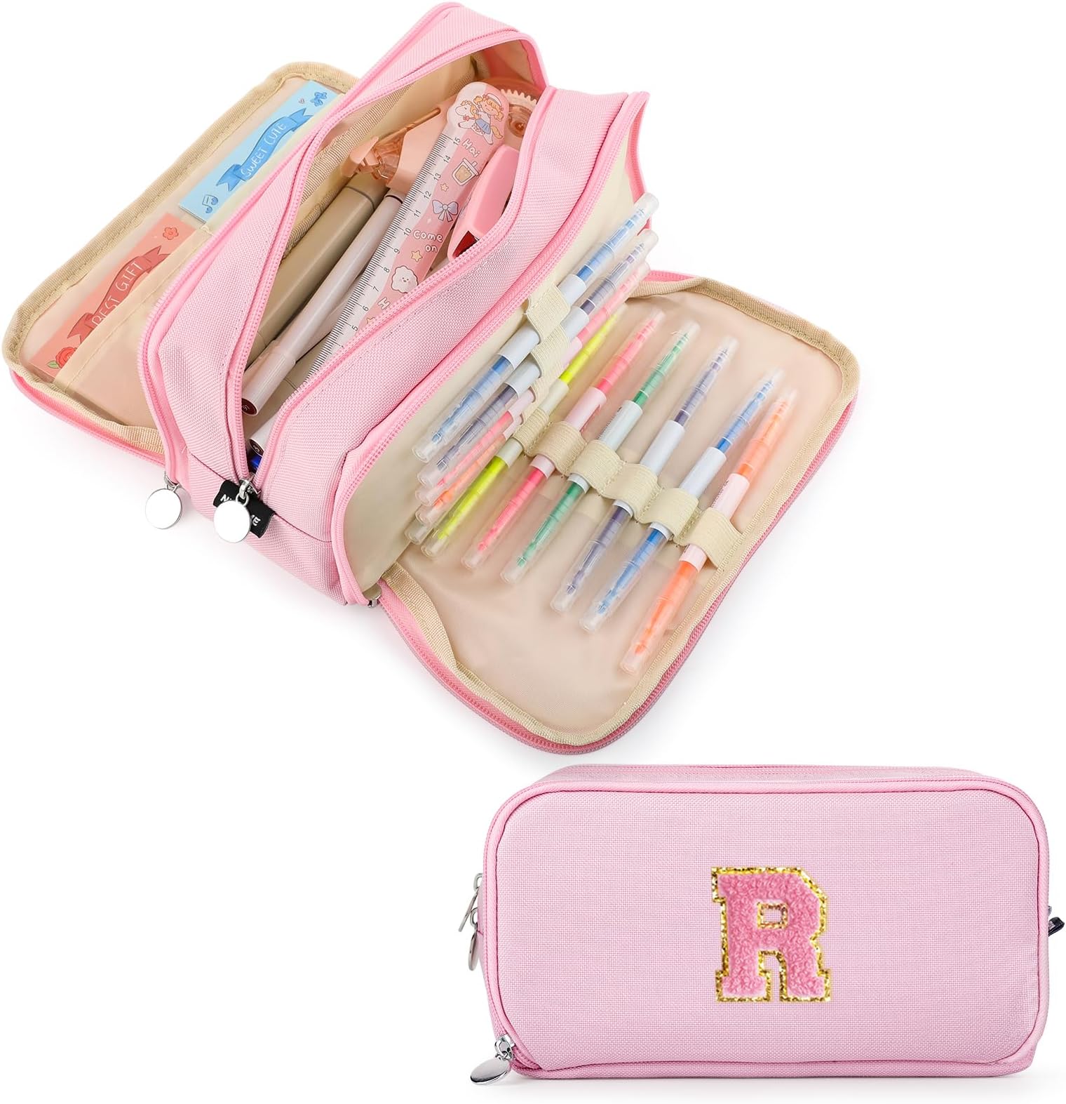 Extra Large Capacity Pencil Case 3 Compartment Initial Pencil Pouch Personalized Cute Aesthetic Stationery Pen Case Bag for School Teen Girl Boy Men Women Gift (R, Pink)