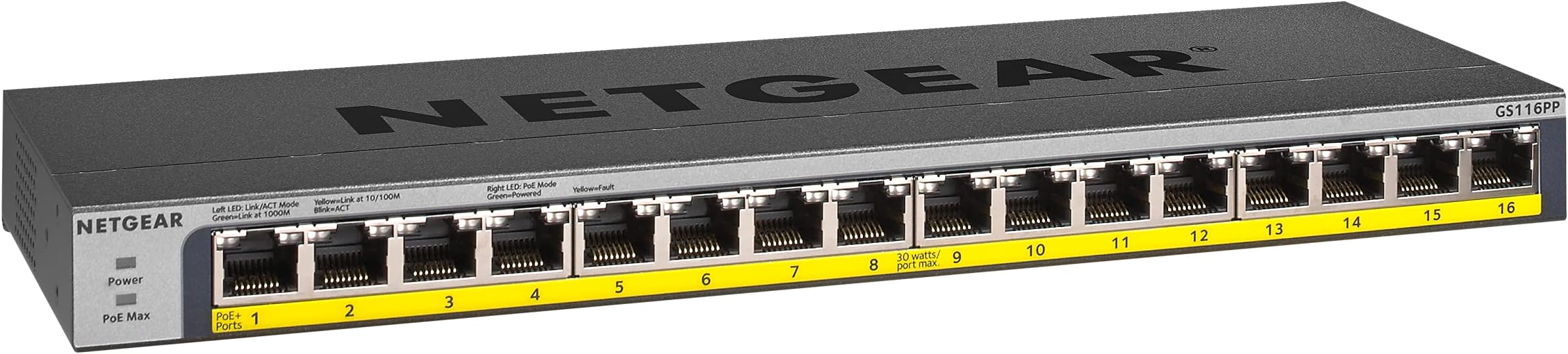 NETGEAR 16-Port Gigabit Ethernet Unmanaged PoE Switch (GS116PP) - with 16 x PoE+ @ 183W, Desktop, Wall Mount or Rackmount, and Limited Lifetime Protection