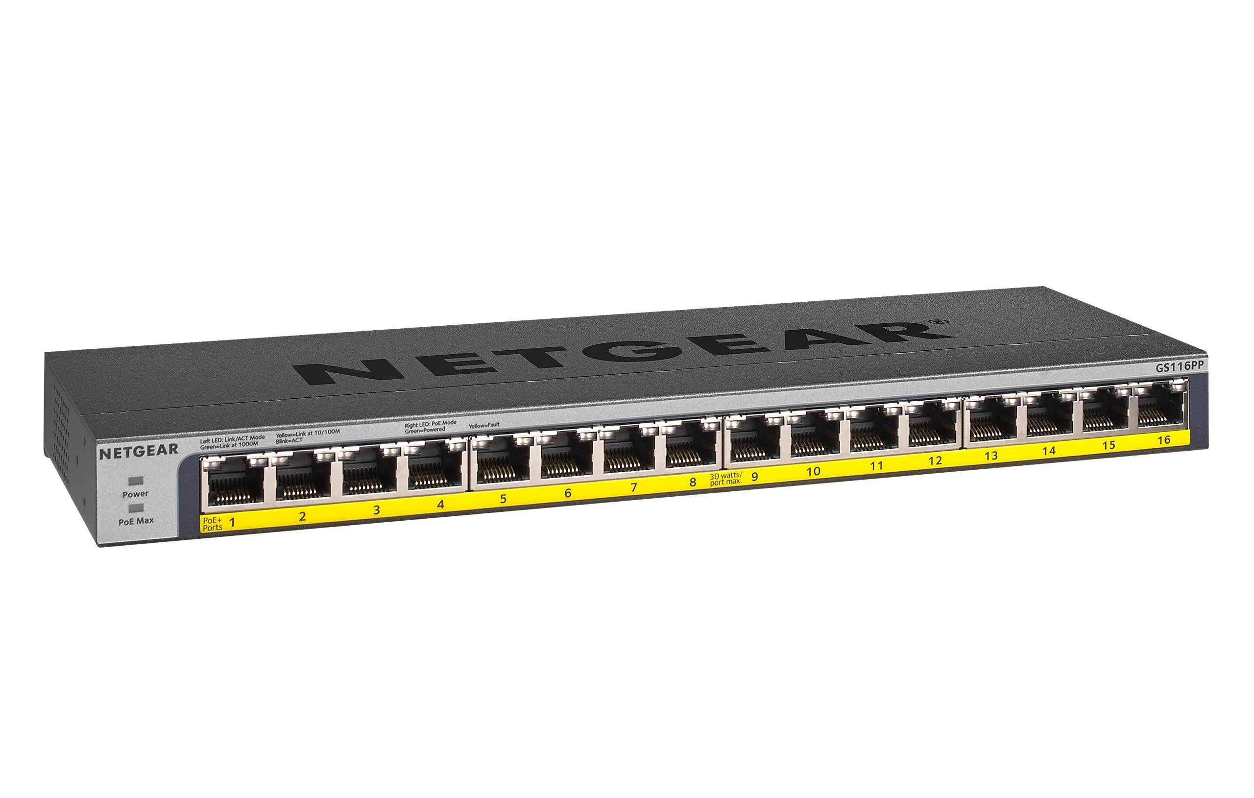 NETGEAR 5-Port Gigabit Ethernet Unmanaged PoE Switch (GS305P) - with 4 x PoE @ 55W, Desktop, Sturdy Metal Fanless Housing 16 Port | 183W GS116PP-100NAS