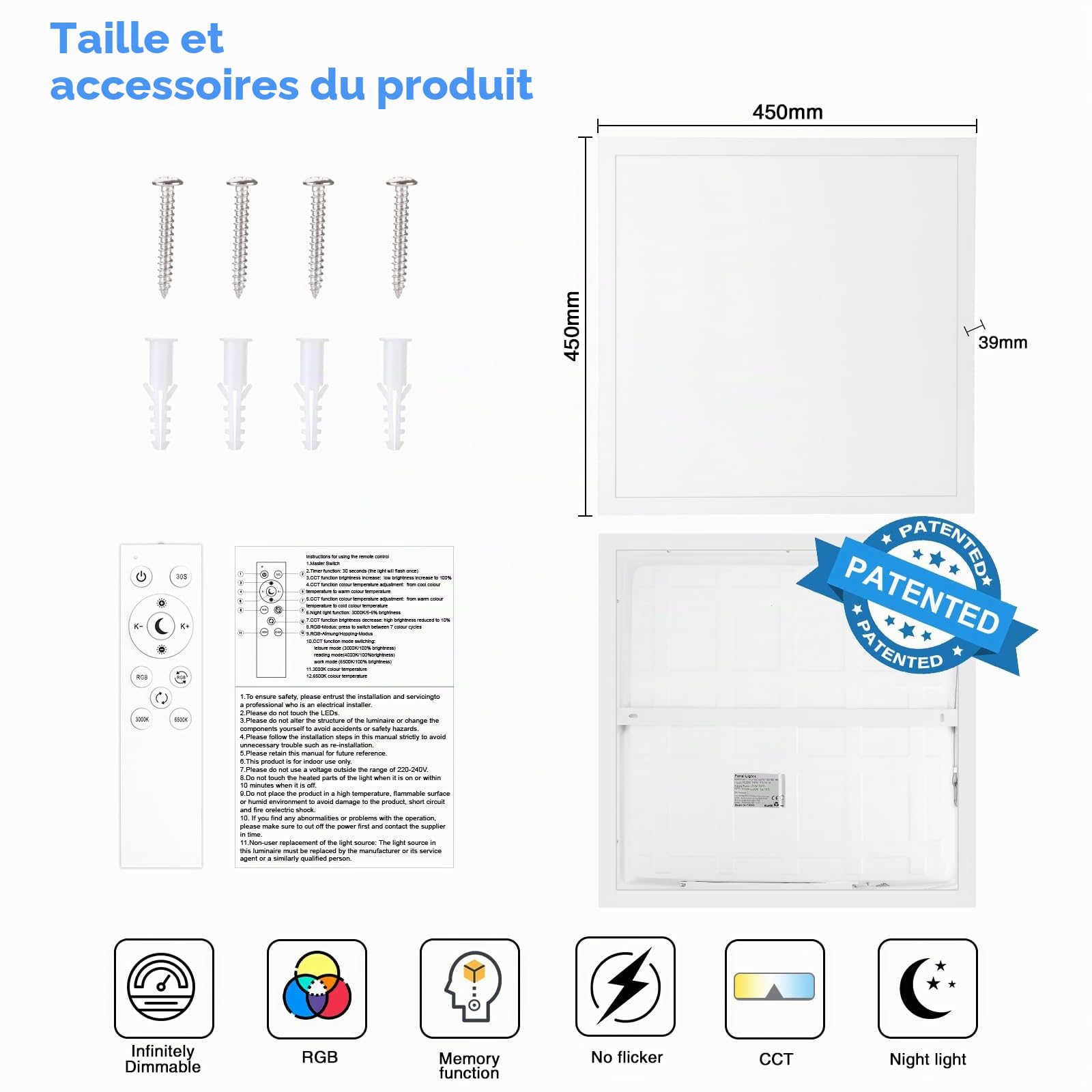 Oraymin Plafonnier à LED RGB, plafonnier à intensité variable avec télécommande 28W 3100LM, changement de couleur du panneau LED, fonction mémoire, lampe carrée 3000K-6500K pour salon chambre à couche