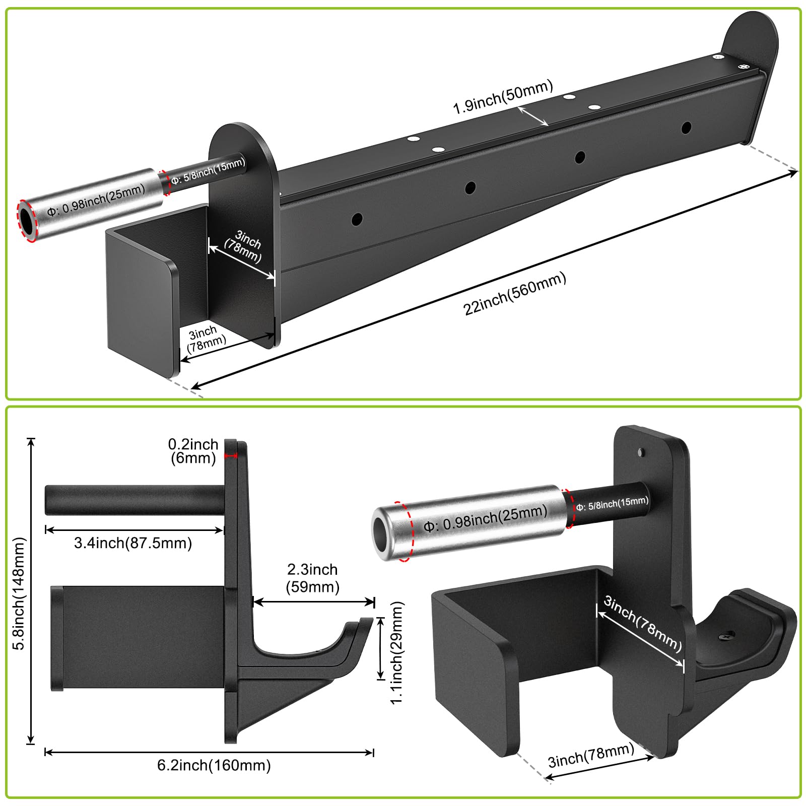Kipika Ganci a J e bracci spotter di sicurezza per rack di potenza da 7,6 x 7,6 cm con foro da 1,5 cm o 2,5 cm, resistenti supporti per bilanciere e catture con cuscinetti in gomma, attacchi per power