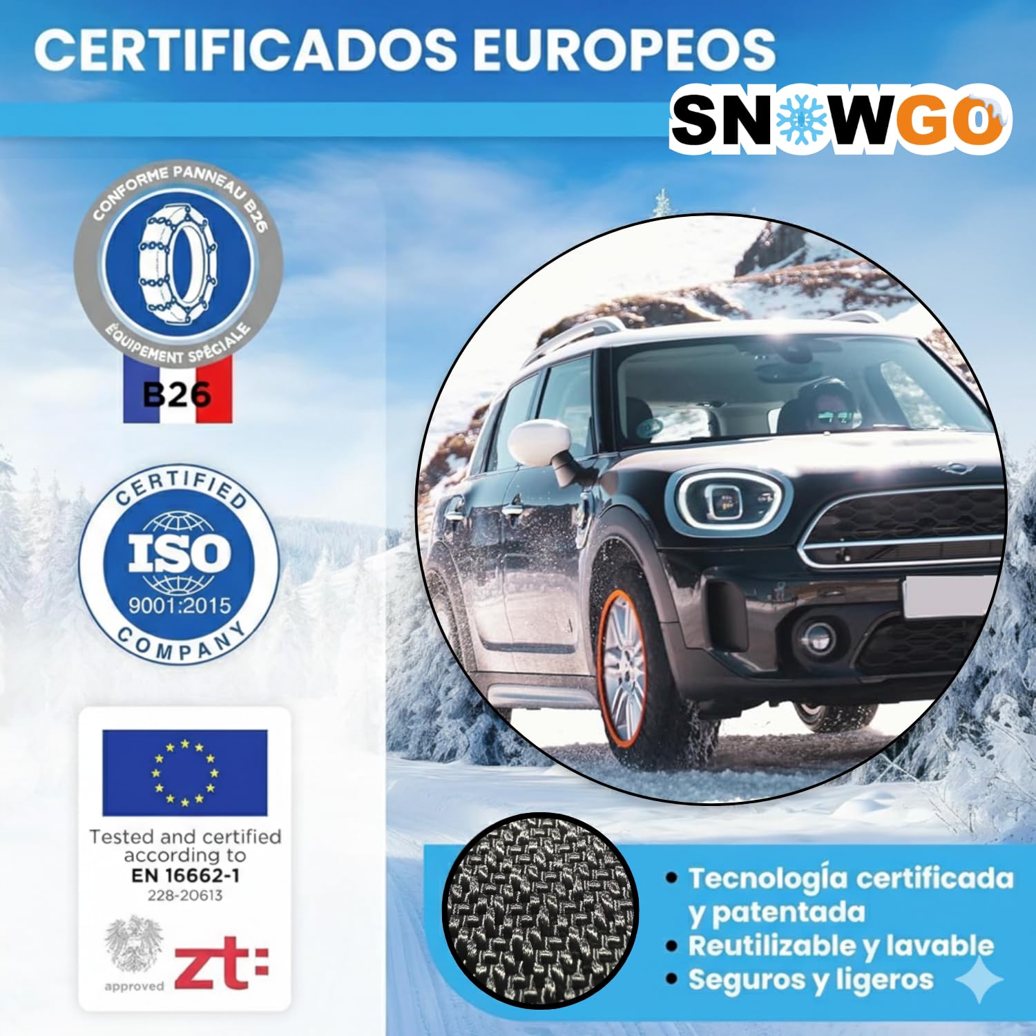 SNOWGO - Juego de 2 cadenas textiles para nieve - Talla XS a XXL - Homologado 16662-1 Europa - Adecuado para vehículos 4x4, vehículos eléctricos, furgonetas y vehículos comerciales <3,5T. (XL)