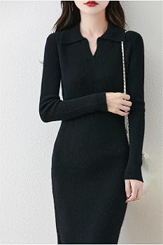 Wool Women Knitting Dresses Length-Keen Warm Dress Female V-Neck Clothing A  S(4) at Amazon Women's Clothing store