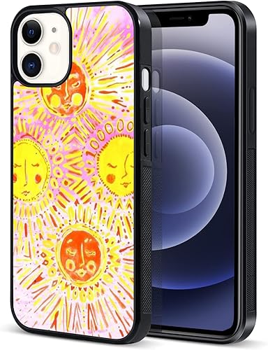 Miniatura 1 de Funda retro amarilla para iPhone 14 Plus para niñas y mujeres, diseño de sol de arte, TPU suave, parte trasera dura, a prueba de golpes,