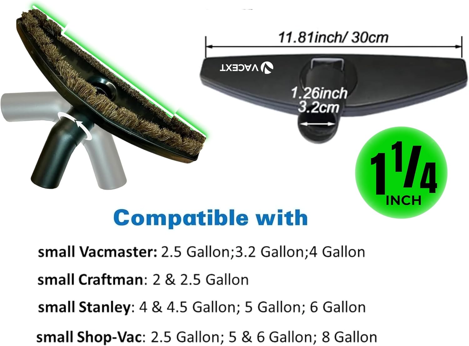 1 ¼ inch Vacuum Floor Brush plus Stainless Steel Extension Wand for Universal Vacuum Cleaners with (1.25'') (32mm) Horse Hair Soft Bristles - Hardwood Floor Attachment & Vacuum Extension Tube