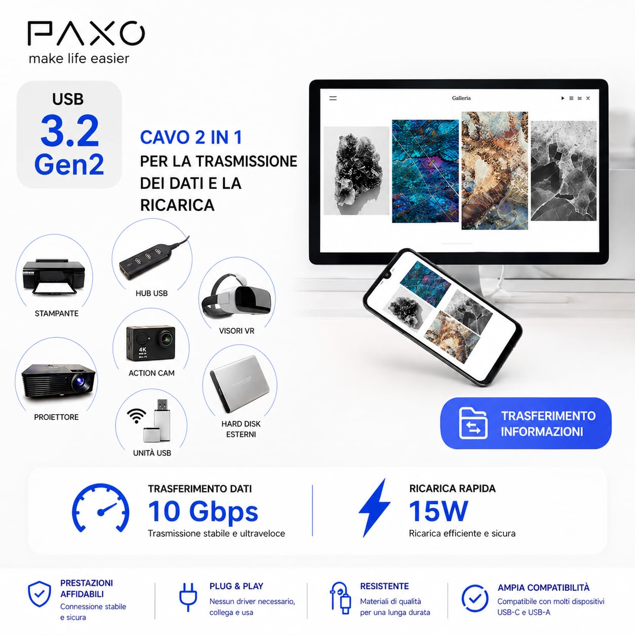 PAXO Cavo USB C 0,5m USB 3.2 Gen2 10 Gbit/s Nero