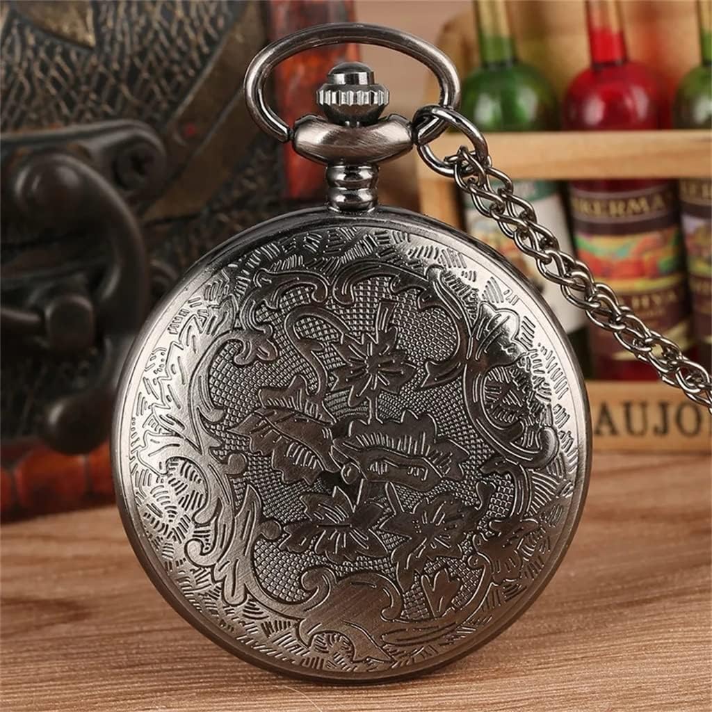 N/A Quartz Pocket Watch Vintage Gray Full Hunter Necklace Clock with 80 cm Chain Girl : Clothing, Shoes & Jewelry