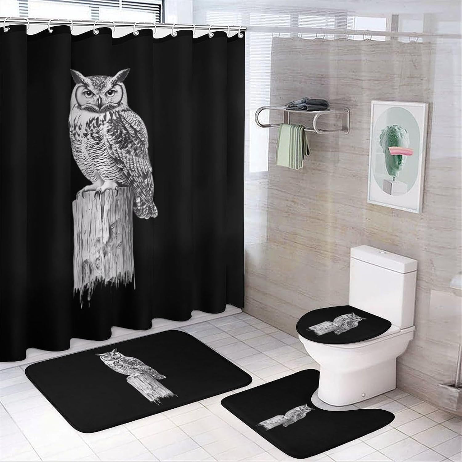 Hand-Drawn Owl Modern Bathroom Sets with Shower Curtain and Rugs Decor 4 Pcs with 12 Hooks