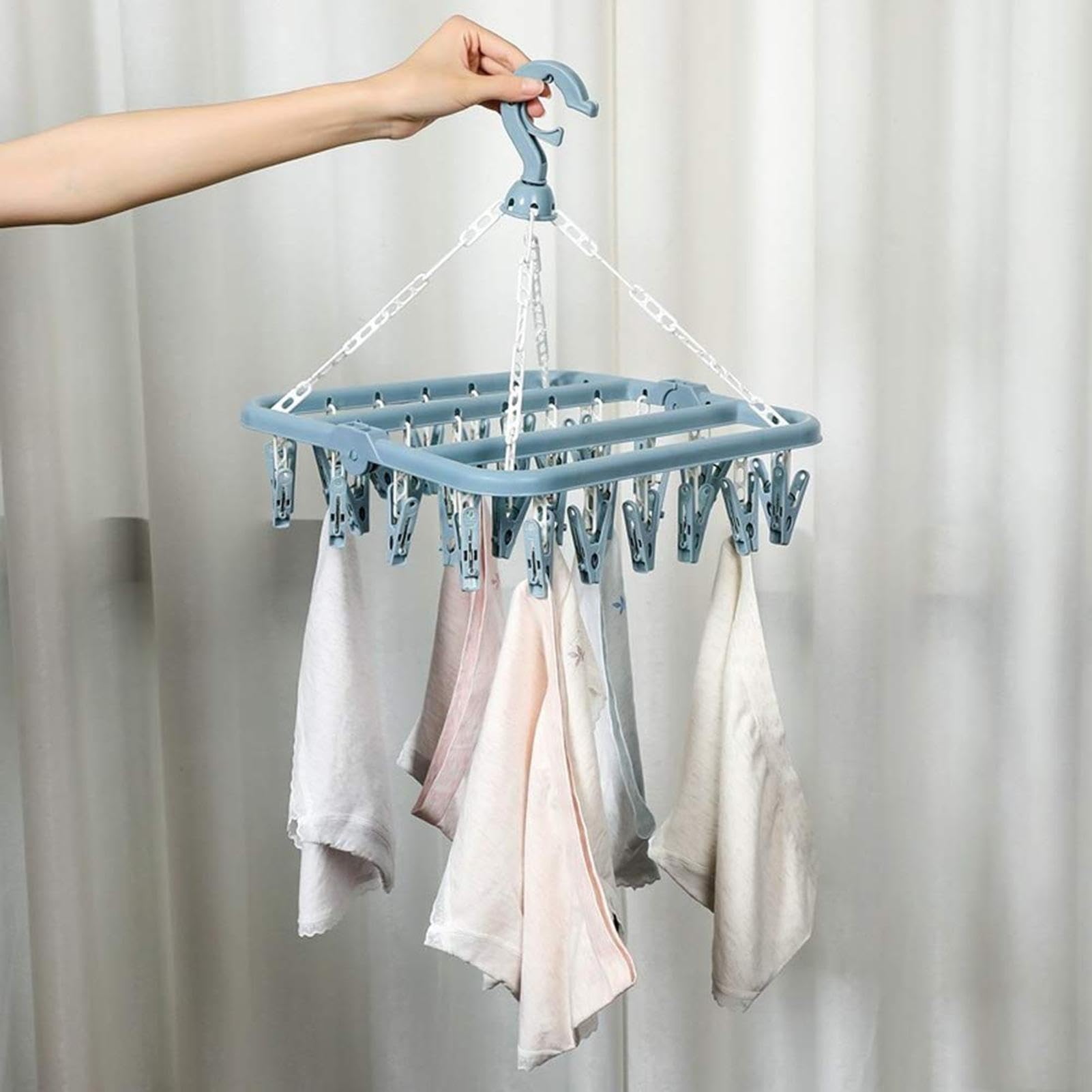 Huasean Blue Clothes Drying Hanger With 32 32 Clips And Drip,Foldable Hanging Sock Dryer Rack,Rotatable Windproof Laundry Rack For Sock,Underwear Hanger, Clothes Pegs, Laundry Airer