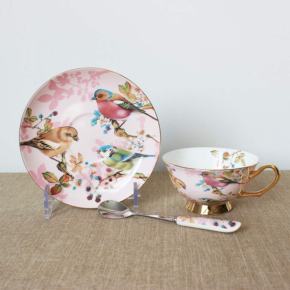 Tasse à Thé Anglaise En Porcelaine Bone China - Avec Soucoupe Et Cuillère - Design Fleuri Rouge - Cadeau Élégant
