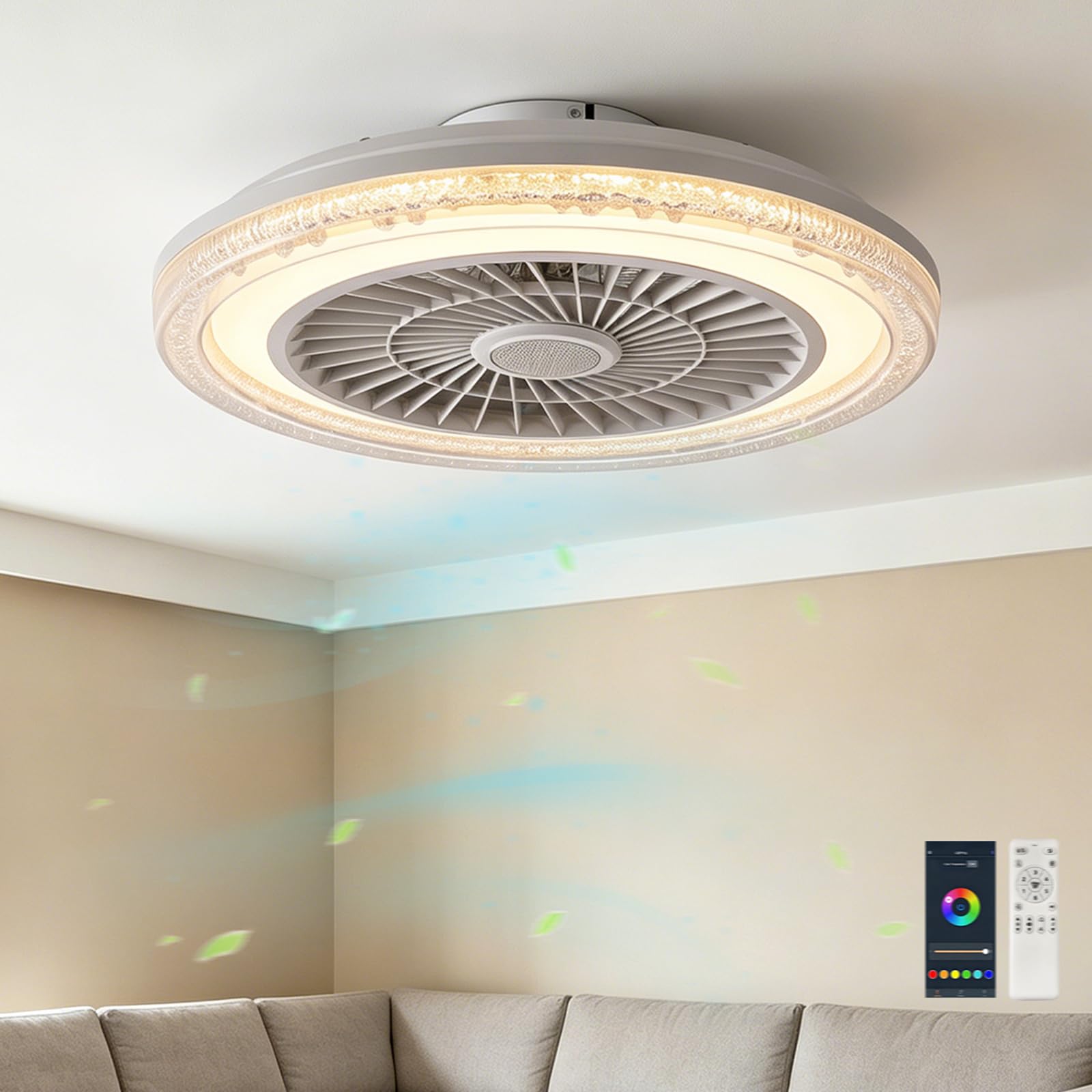 50cm RGB Deckenventilator mit Beleuchtung Musik Lautsprecher Deckenlampe | Fernbedienung und APP Dimmbar, Bluetooth Decken Lampe mit Ventilator Umkehrbar Leise für Schlafzimmer Kinderzimmer