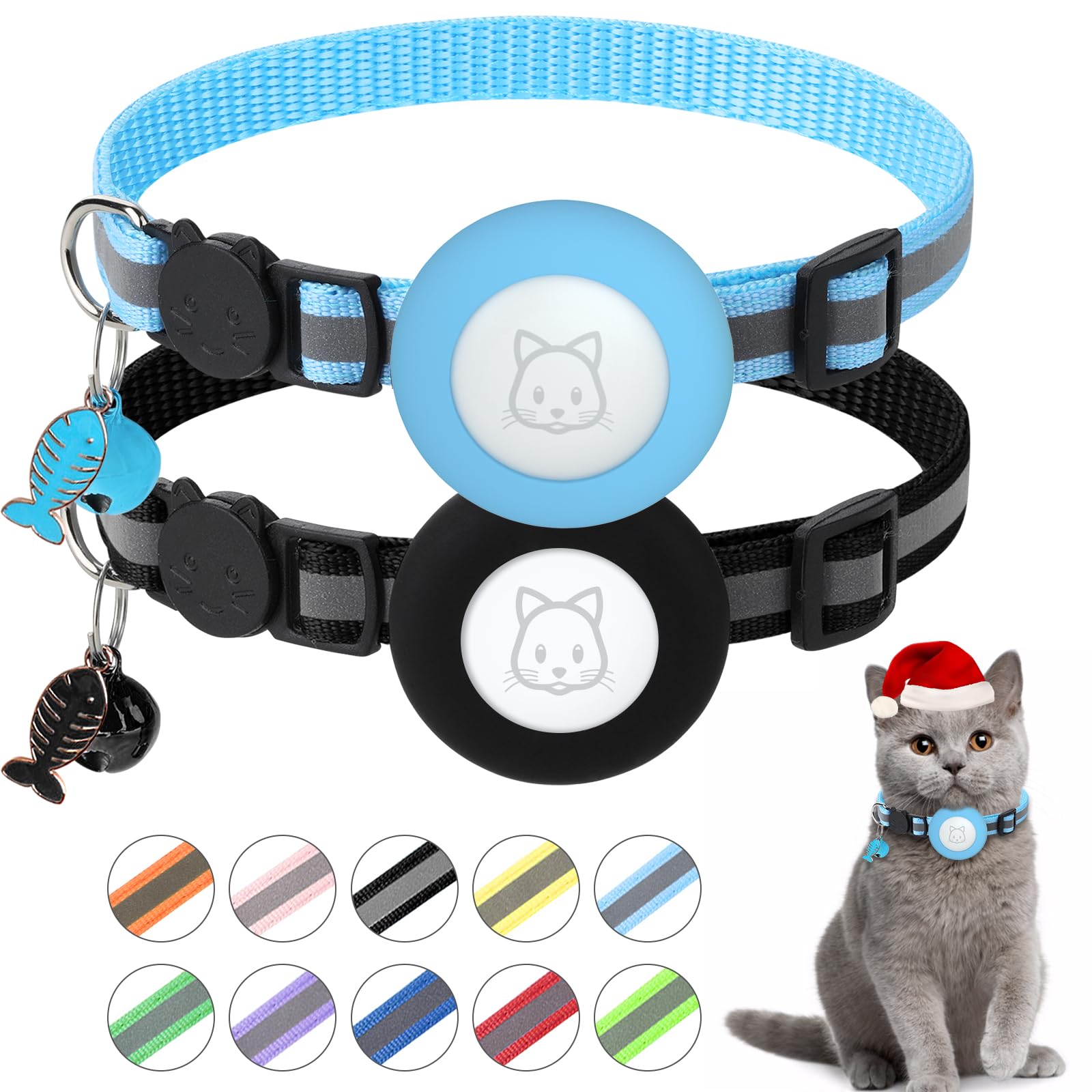 Photo 1 of Airtag Cat Collar, Air tag Cat Collar with Bell and Safety Buckle in 3/8" Width, Reflective Collar with Waterproof Airtag Holder Compatible with Apple Airtag for Cat Dog Kitten Puppy (Black+Blue)